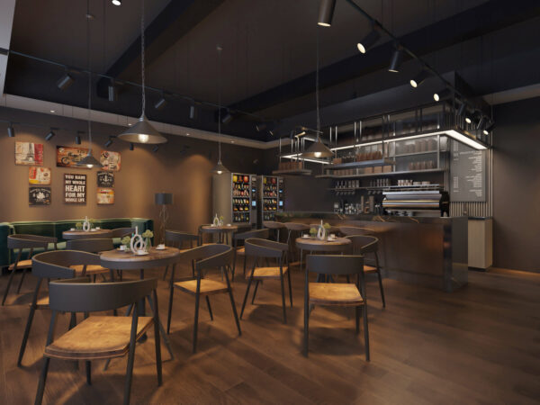 Coffee Shop with 3000K LED Track Lighting - Cozy and Inviting Ambiance