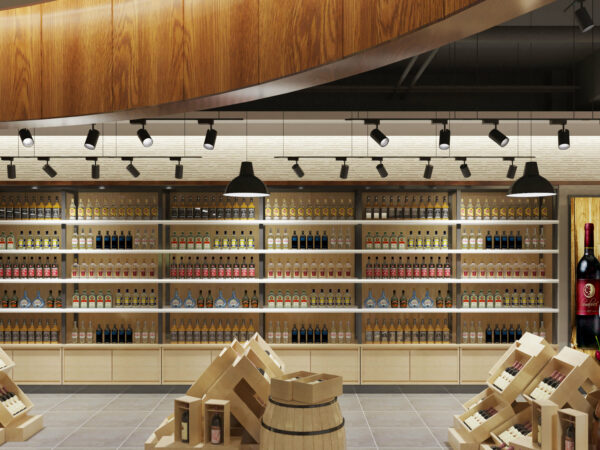 Supermarket Wine Display with 6000K LED Track Lighting - Elegance and Product Showcase