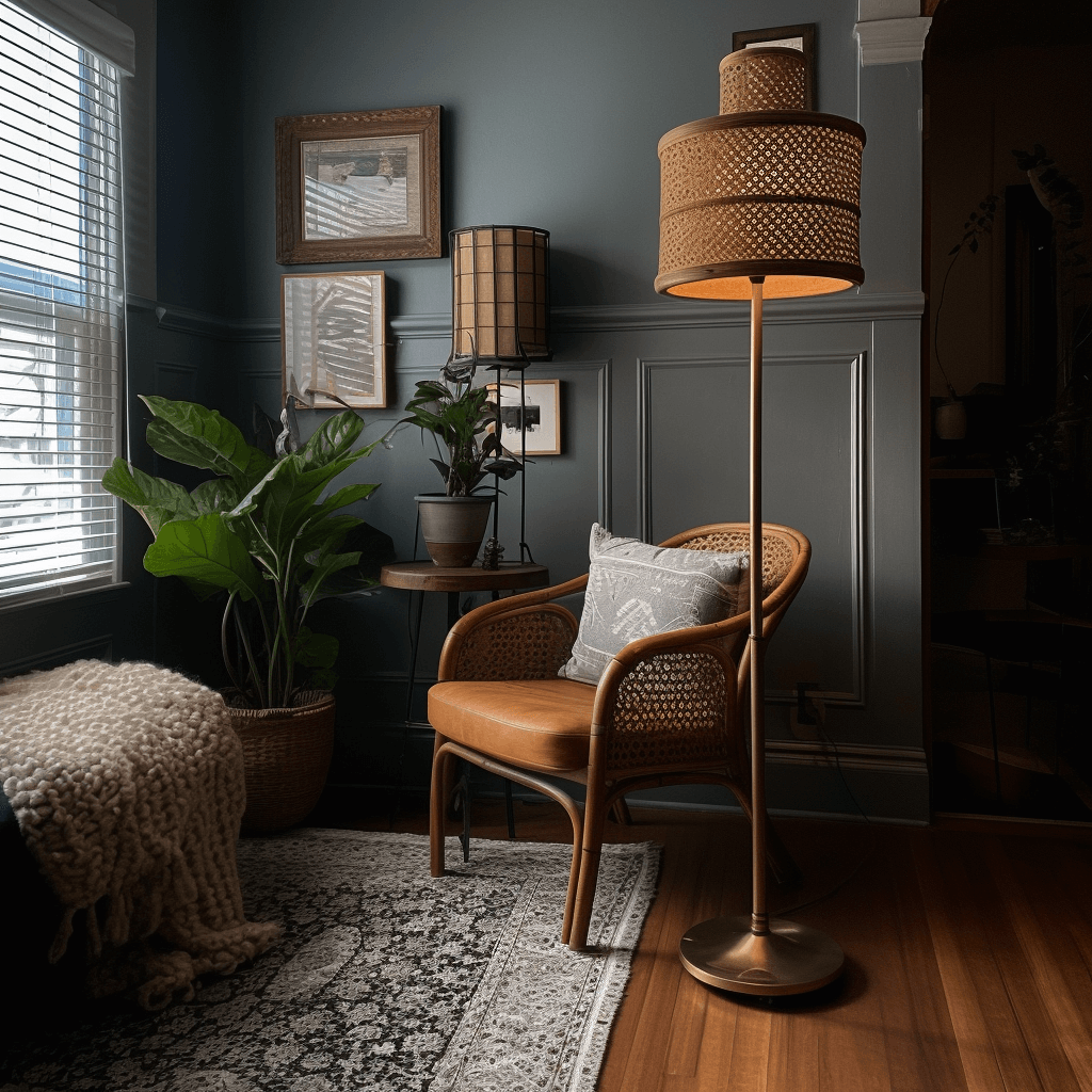 Rattan Floor Lamp in Living Room Corner Scene