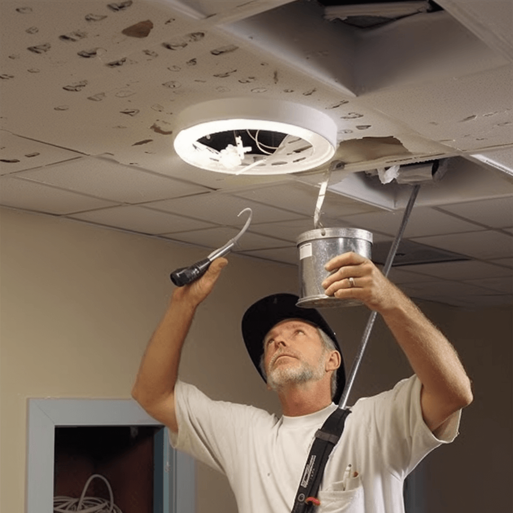 Skilled worker installing a ceiling with recessed lights