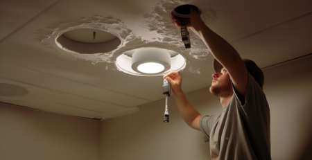 Construction worker fitting ceiling with recessed lighting fixtures