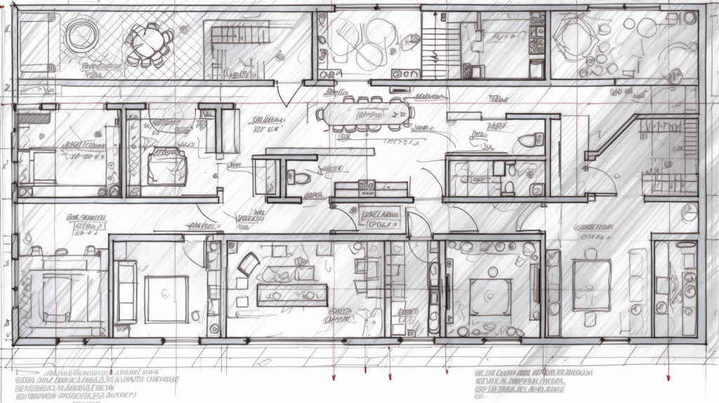 Interior Room Layout Sketch: Furniture and Lighting Arrangement
